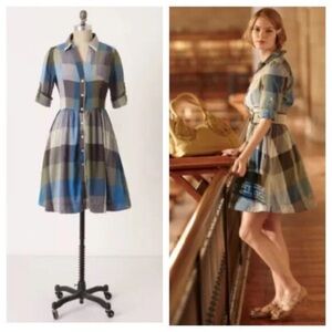 Anthropologie Moulinette Soeurs Blue and Gray Plaid Midi Shirt Dress